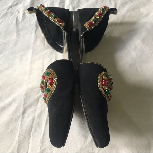 ECS Pointed Slip on Flat Sandals Black Suede Like Red/Green Beads Gold Diamanté - Picture 3 of 7